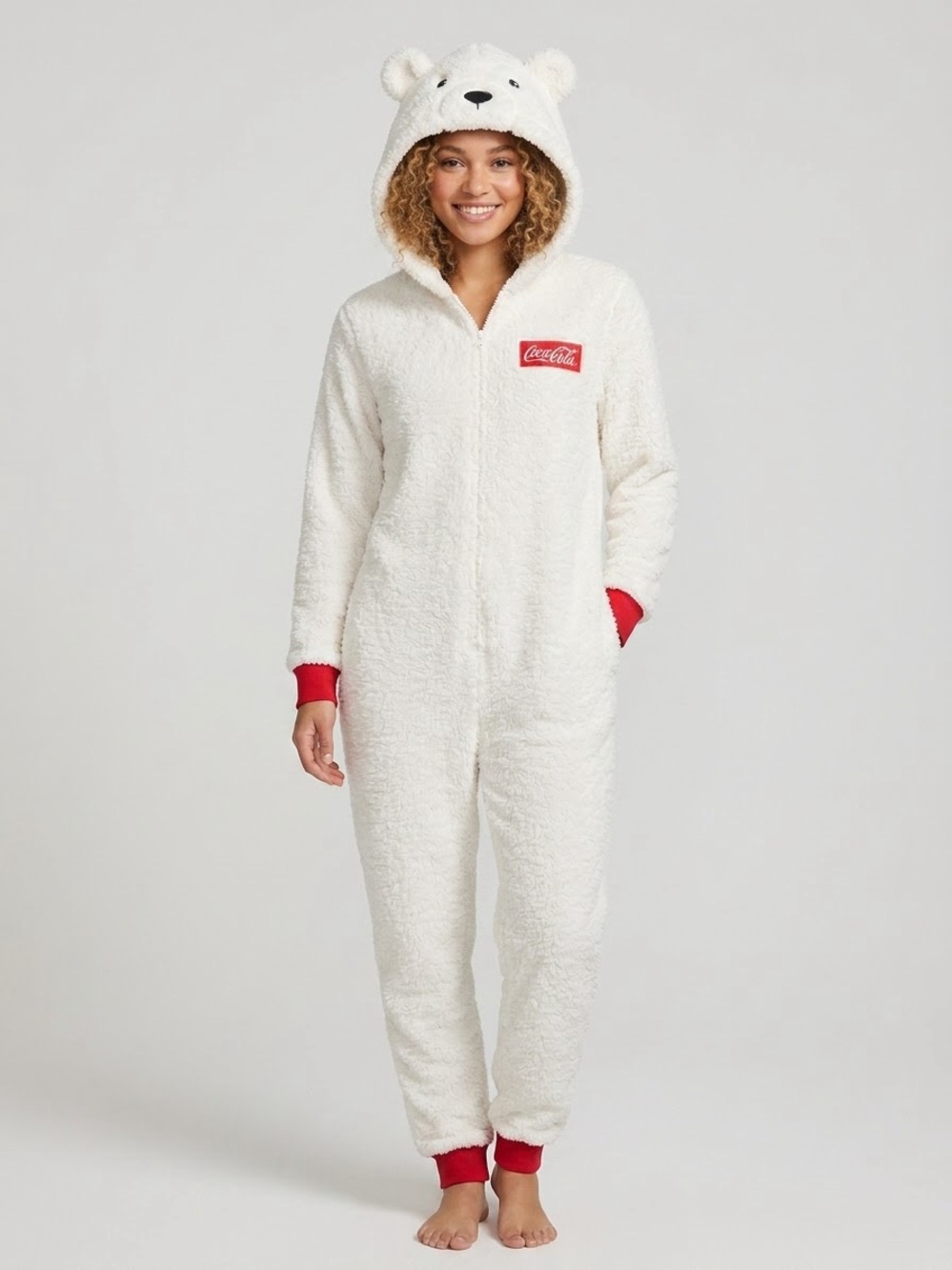 Coca Cola Women's White Sherpa Polar Bear Hooded Jumpsuit